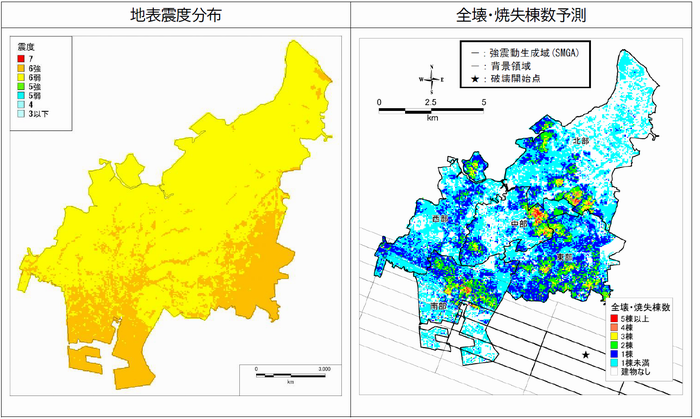 地表震度分布と全壊・焼失棟数予測の図