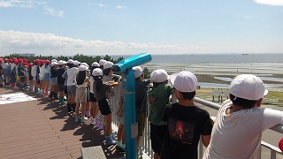 展望デッキから海を見渡します。潮が引いて水深は浅いのですが、船の通り道は深く掘り下げられていることなど教えていただきました