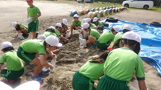 砂を１ｋｇ集める課題に子供たちは夢中です