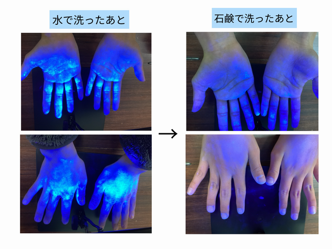 専用の光に当てると洗い残し部分が分かります