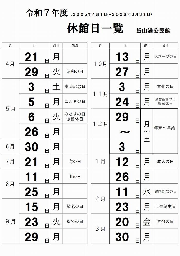 R7年度休館日一覧