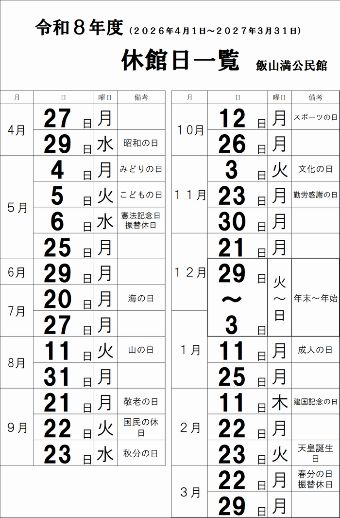 休館日一覧